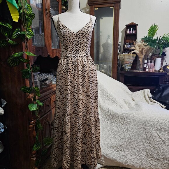 CUPSHE Women V Neck Leopard Lace Up Backless Maxi Slip Dress with Ruffle Hem NWT - Picture 2 of 14